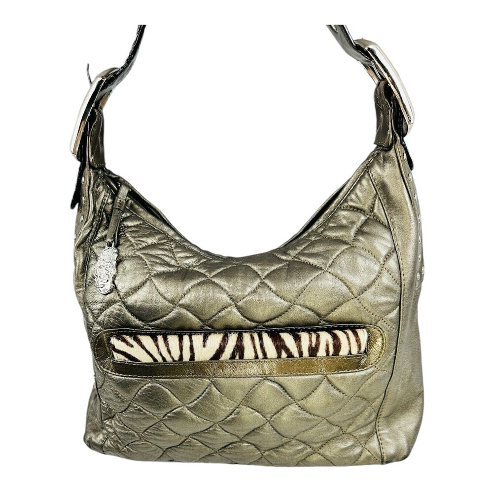 Carlos Falchi Designer Hobo Quilted Black Leather Handbag With Wallet